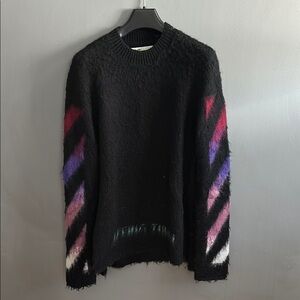 Off-White Black and Pink Crew Neck Sweater with Diagonal Stripes